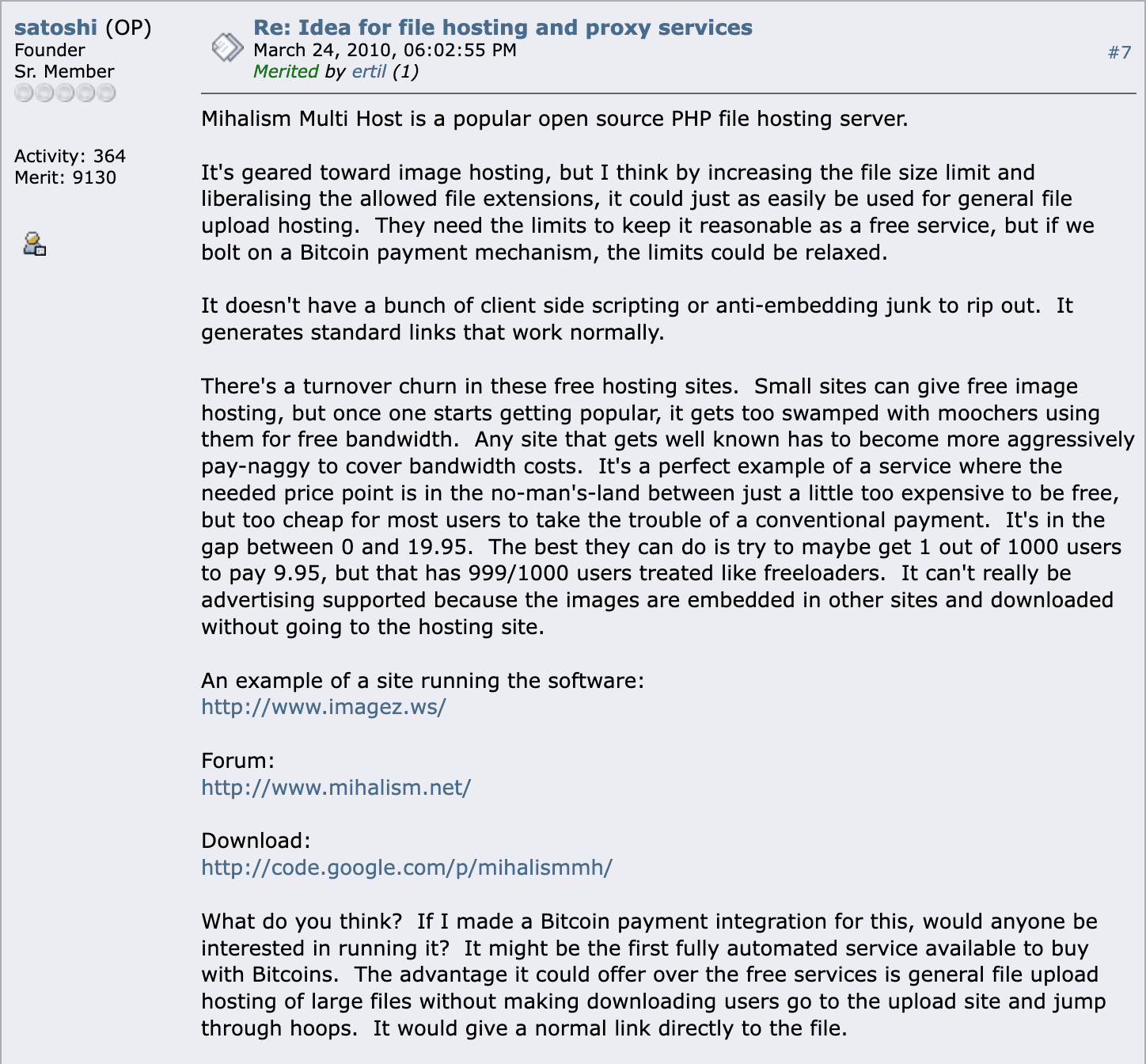 Satoshi Nakamoto's March 24, 2010 bitcointalk post linking imagez.ws